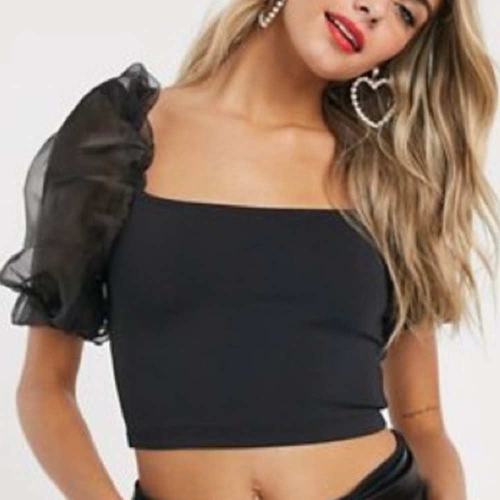 ASOS Black Sheer Puff Sleeve Crop Top